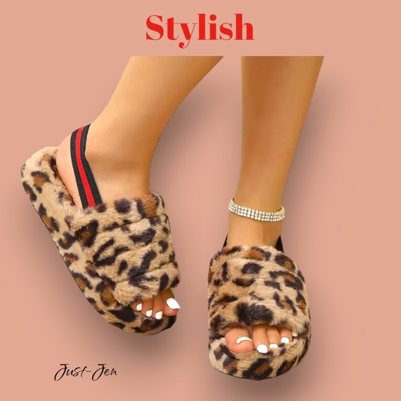 NEW ! Stylish Women's Leopard Print Soft Fluffy Indoor Outdoor Fashion Slippers - Picture 2 of 12